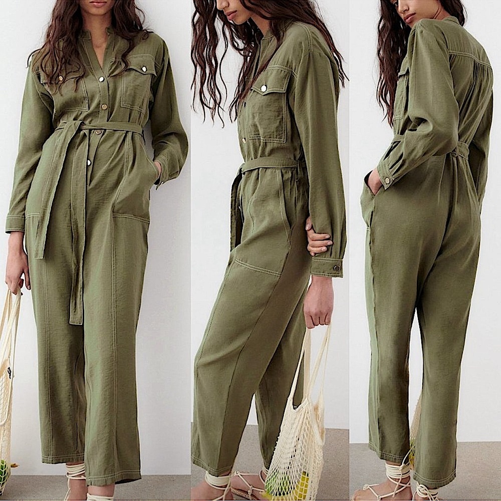 Zara Modal Long Sleeve Belted Jumpsuit w/Contrast Stitch Size Small Olive Green